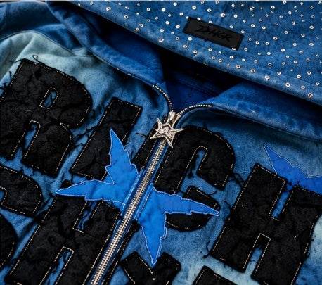 rich sh*t studded denim zip-up hoodie – premium streetwear