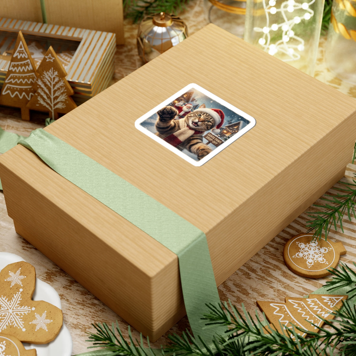 Santa Cat Kiss-Cut Sticker | Realistic Christmas Portrait