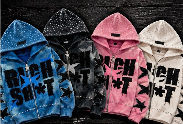 rich sh*t studded denim zip-up hoodie – premium streetwear