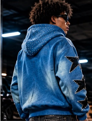 rich sh*t studded denim zip-up hoodie – premium streetwear