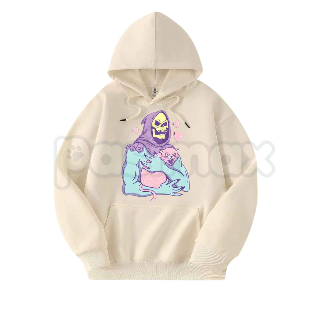 Funny Skull Cat Hoodie – Unisex Summer Night Streetwear, Vintage 80s 90s Gothic Graphic Pullover, Edgy Alt Fashion Sweatshirt