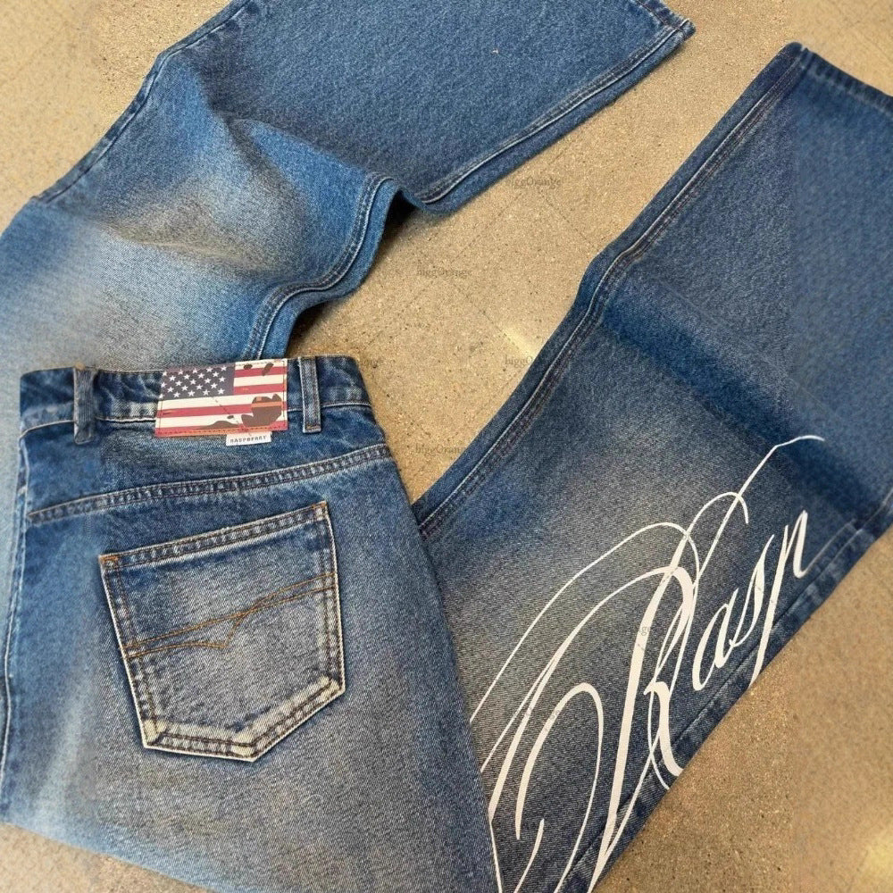 Men's Letter-print Vintage Washed Jeans