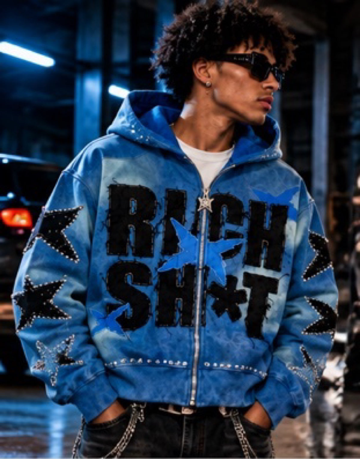 rich sh*t studded denim zip-up hoodie – premium streetwear