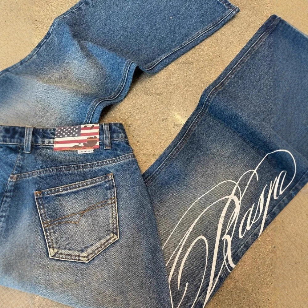 Men's Letter-print Vintage Washed Jeans
