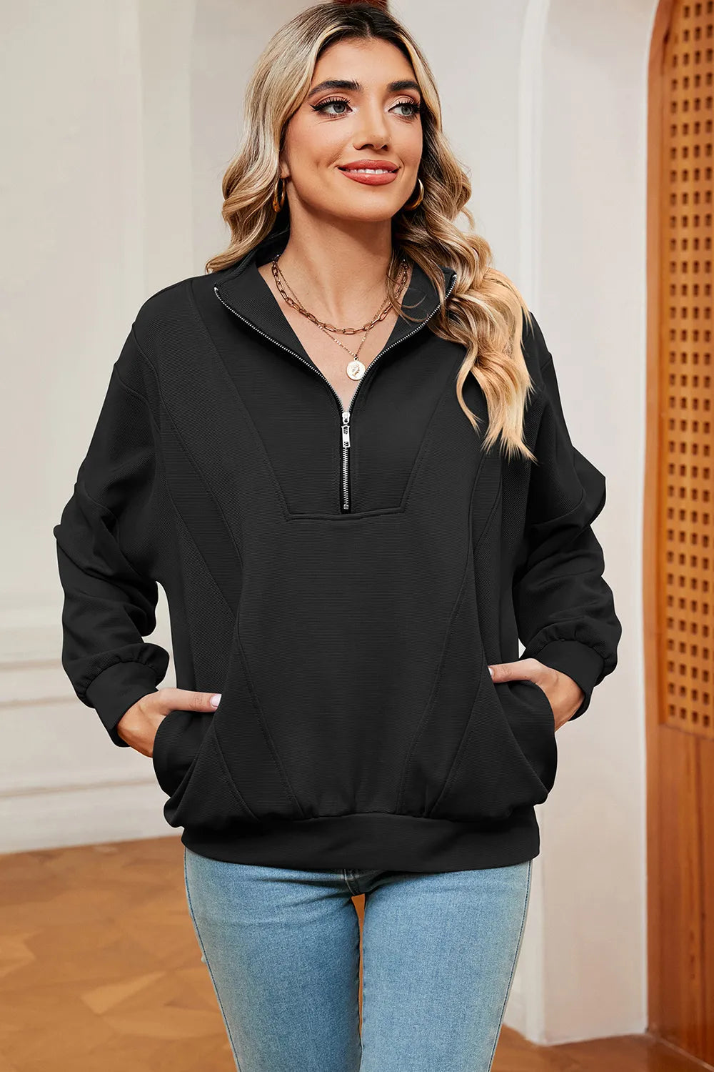 Autumn and winter new solid color zipper long sleeved loose pullover sweatshirt jacket for women