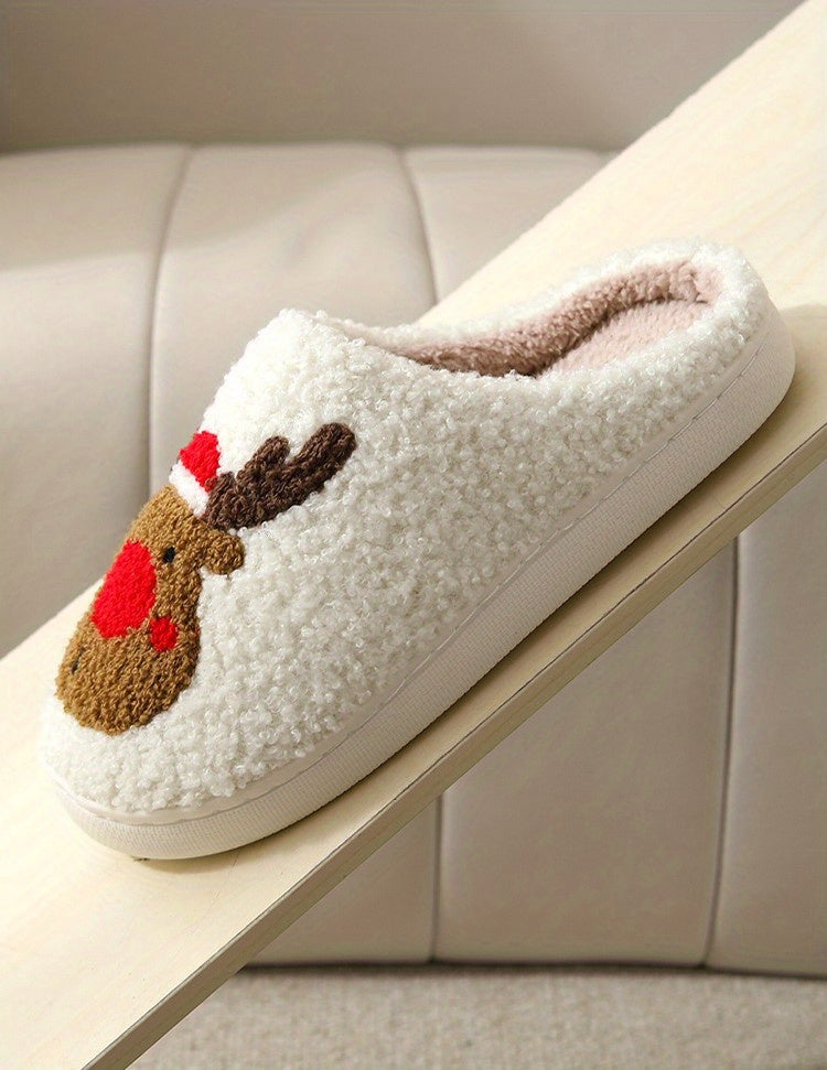 Cartoon Christmas Deer Slippers - Easy Slip-On, Comfortable Round Toe, Anti-Slip, Ultra-Soft Fuzzy, Warm and Toasty, Plush and Cozy - Perfect for Home Wear, Ideal Indoor Shoes for Cold Winter Days