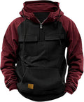 Fall Winter Retro Cargo Hoodies Men's Half Zipper Solid Warm Fleece Sweatshirts Multi Pockets Male Hooded Jackets Thick Outdoor Hooded