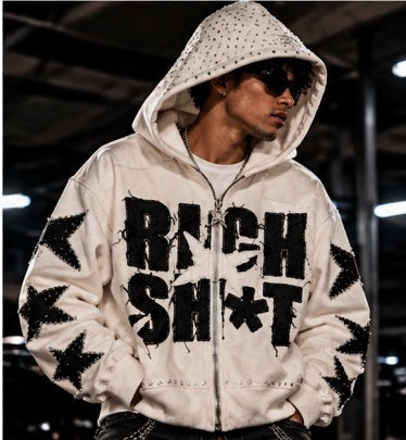rich sh*t studded denim zip-up hoodie – premium streetwear
