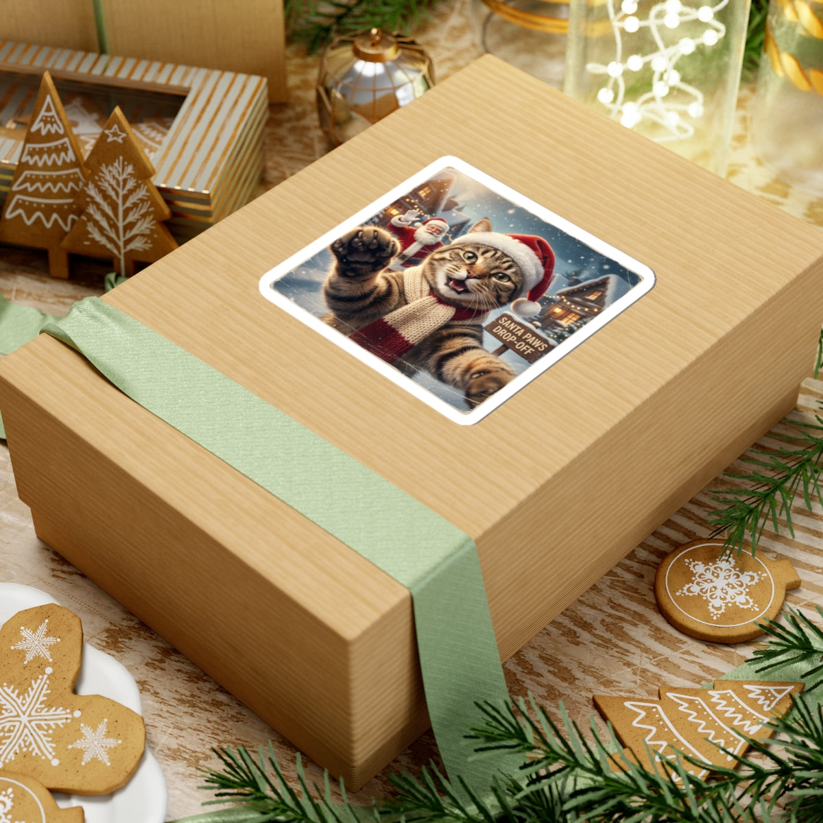 Santa Cat Kiss-Cut Sticker | Realistic Christmas Portrait
