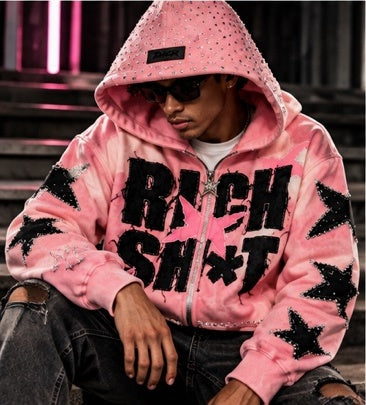rich sh*t studded denim zip-up hoodie – premium streetwear