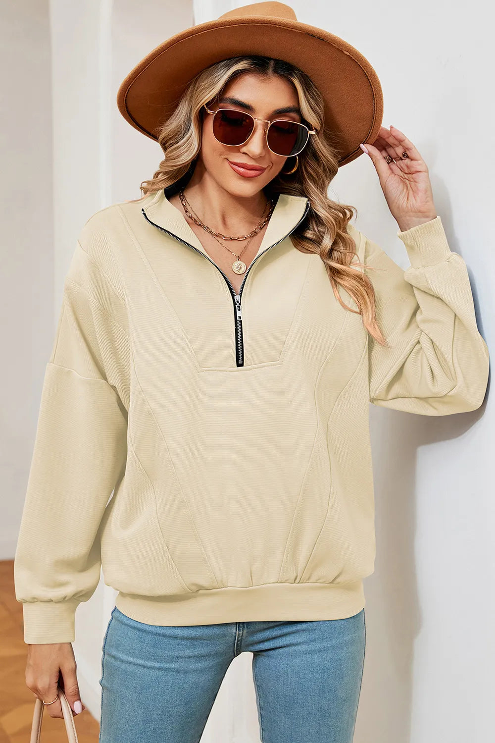 Autumn and winter new solid color zipper long sleeved loose pullover sweatshirt jacket for women