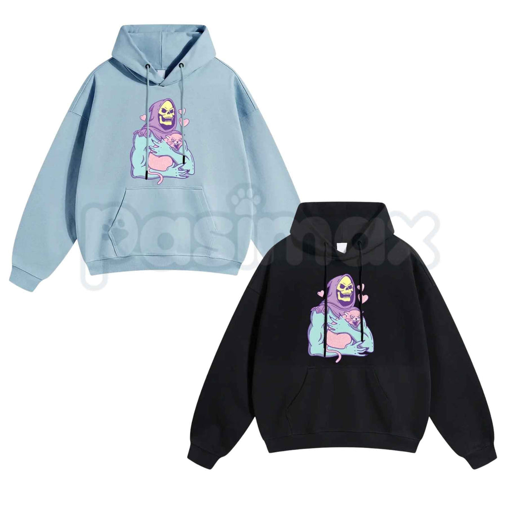 Funny Skull Cat Hoodie – Unisex Summer Night Streetwear, Vintage 80s 90s Gothic Graphic Pullover, Edgy Alt Fashion Sweatshirt