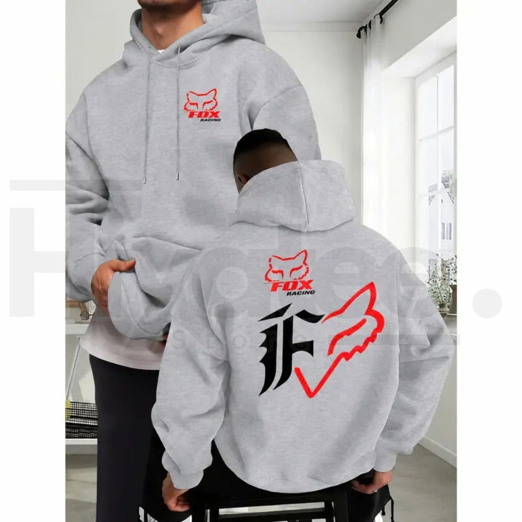 Men's Fleece Baggy Motorcycle Fox Print Hoodie – Dual-Sided Casual Long Sleeve Streetwear Pullover