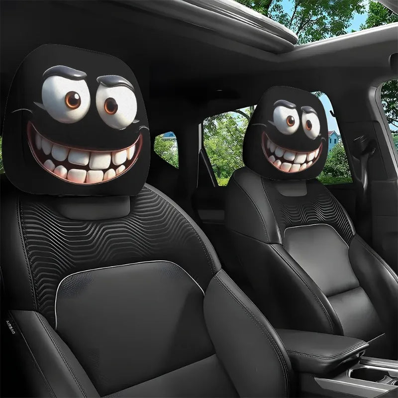 2pcs Funny Big-Eyed Cartoon Print Car Headrest Cover, Suitable For Travel And Daily Commuting,For Halloween Christmas Holiday