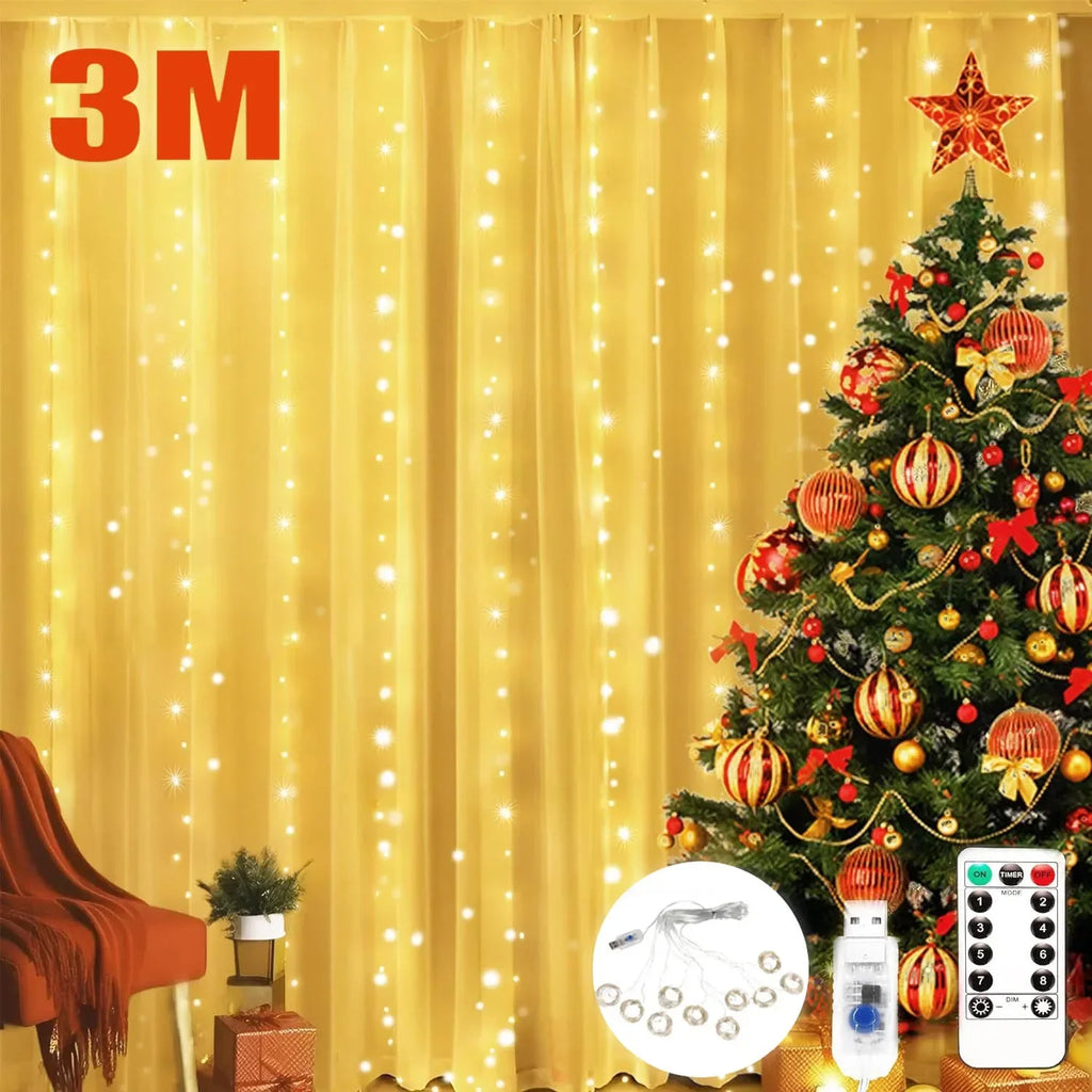 3M LED Curtain Garland Fairy String Lights Christmas Holiday Party Wedding Decoration USB Remote 8 Modes Waterfall Lighting
