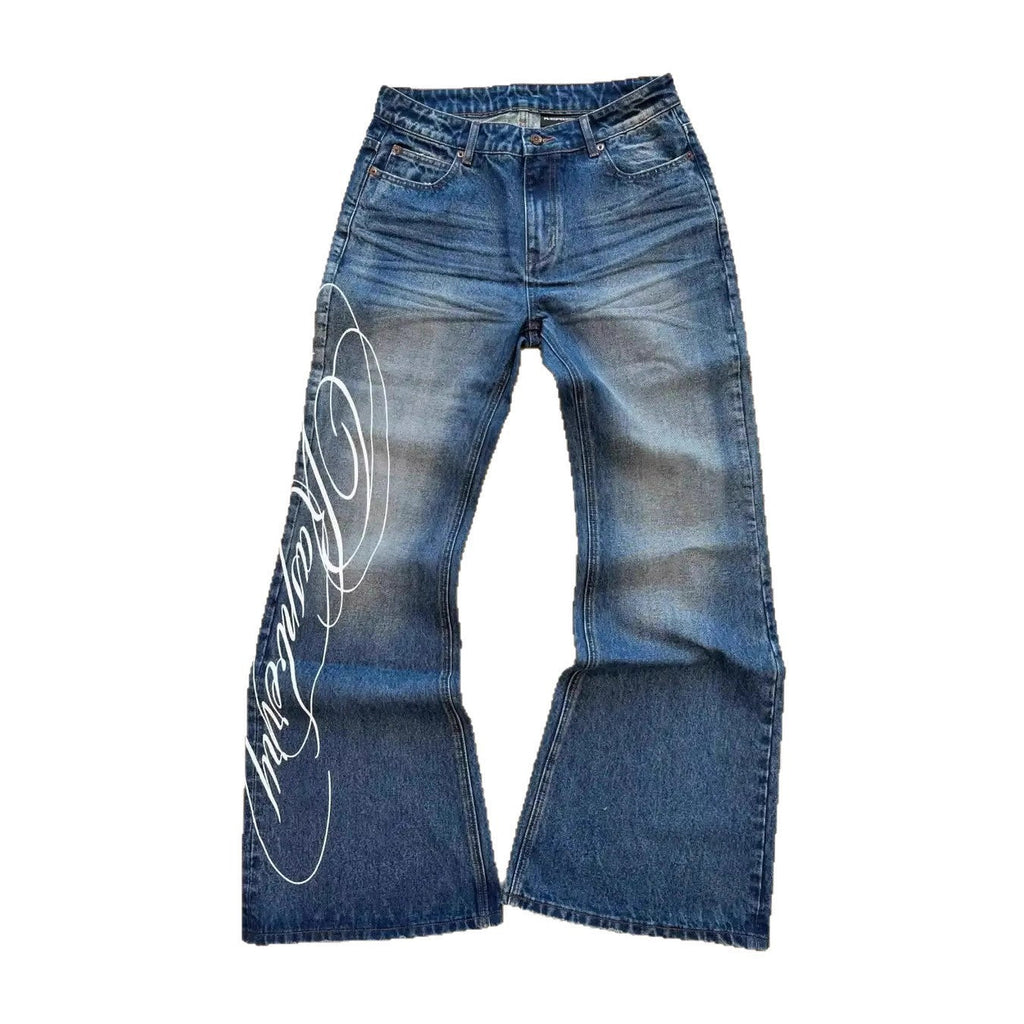 Men's Letter-print Vintage Washed Jeans