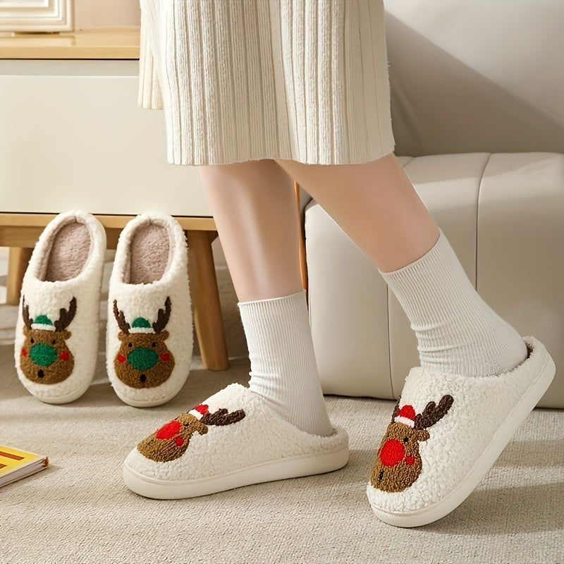 Cartoon Christmas Deer Slippers - Easy Slip-On, Comfortable Round Toe, Anti-Slip, Ultra-Soft Fuzzy, Warm and Toasty, Plush and Cozy - Perfect for Home Wear, Ideal Indoor Shoes for Cold Winter Days