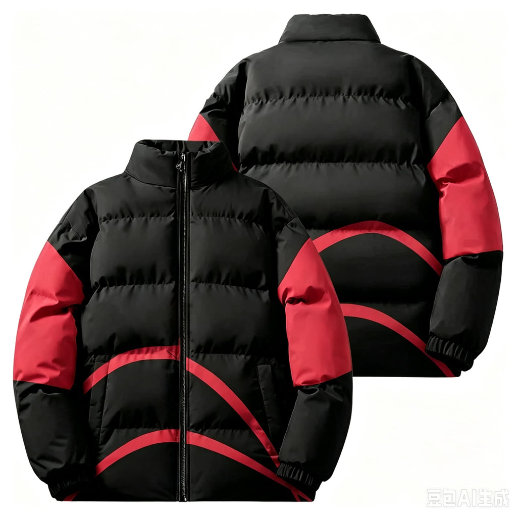 2026 Men Winter Stand Collar Puffer Jacket Color Block Striped Patchwork Cotton Padded Coat Loose Windproof Warm Racing Style Outerwear Male Casual Zipper Thick Winter Outfits
