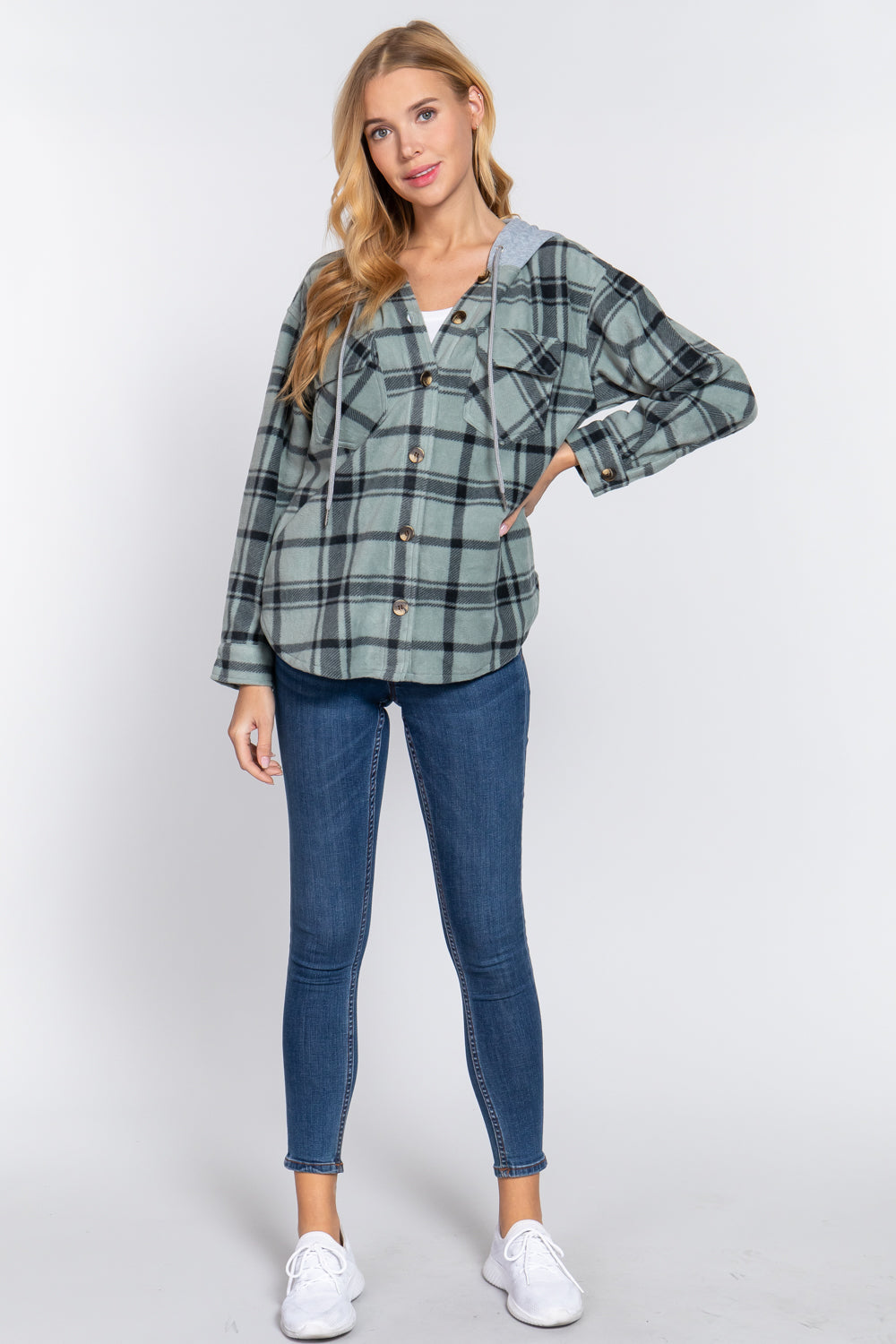 Active USA - Plaid Print Hoodie Fleece Jacket - J13272