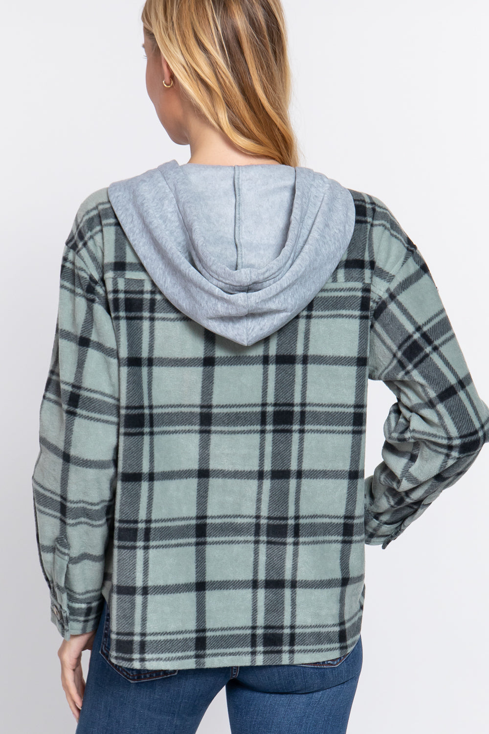 Active USA - Plaid Print Hoodie Fleece Jacket - J13272