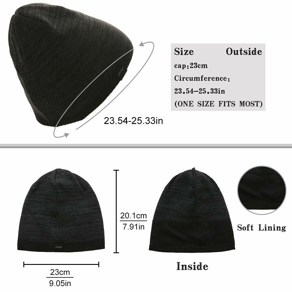 Winter Beanie Skull Cap Warm Knit Lined Outdoor Hat 4-Black&Grey - M Size