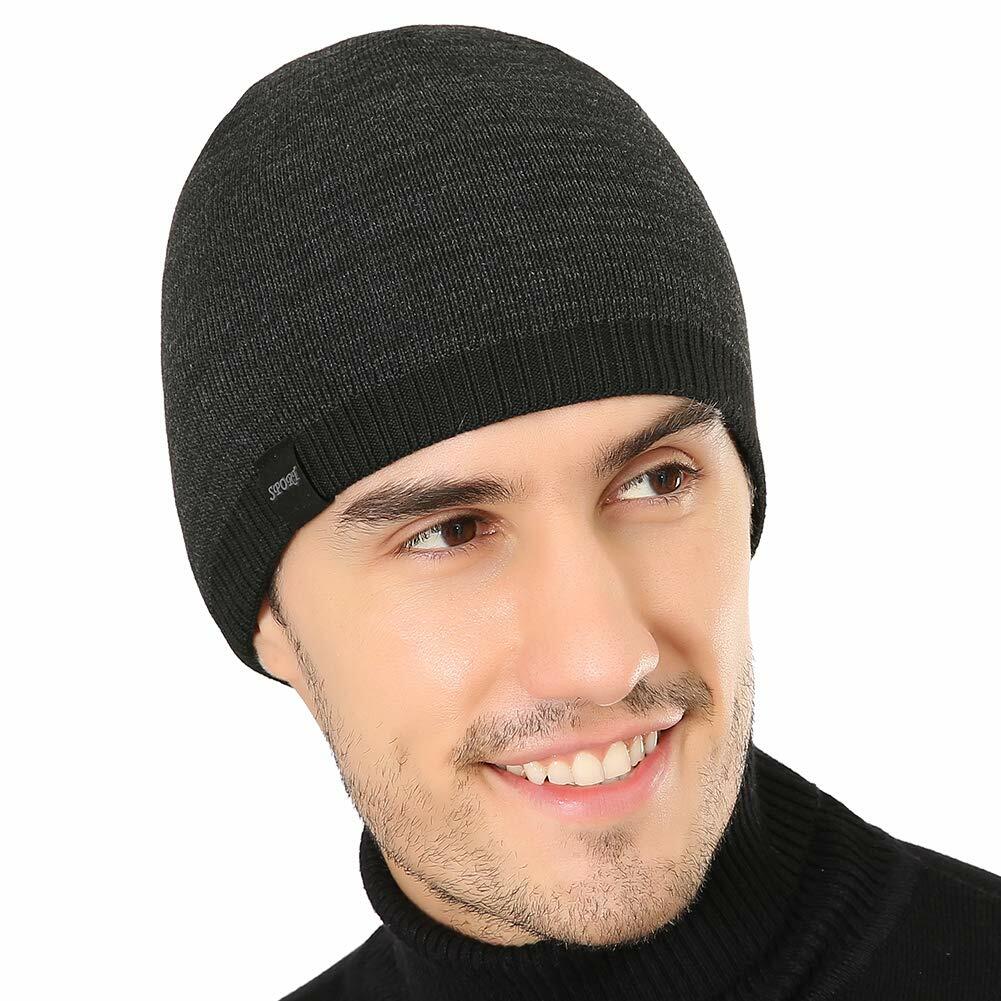Winter Beanie Skull Cap Warm Knit Lined Outdoor Hat 4-Black&Grey - M Size