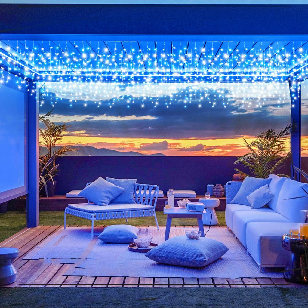 Nielfoi 66ft Icicle Lights 640 LED Blue White Outdoor Indoor Twinkle Curtain