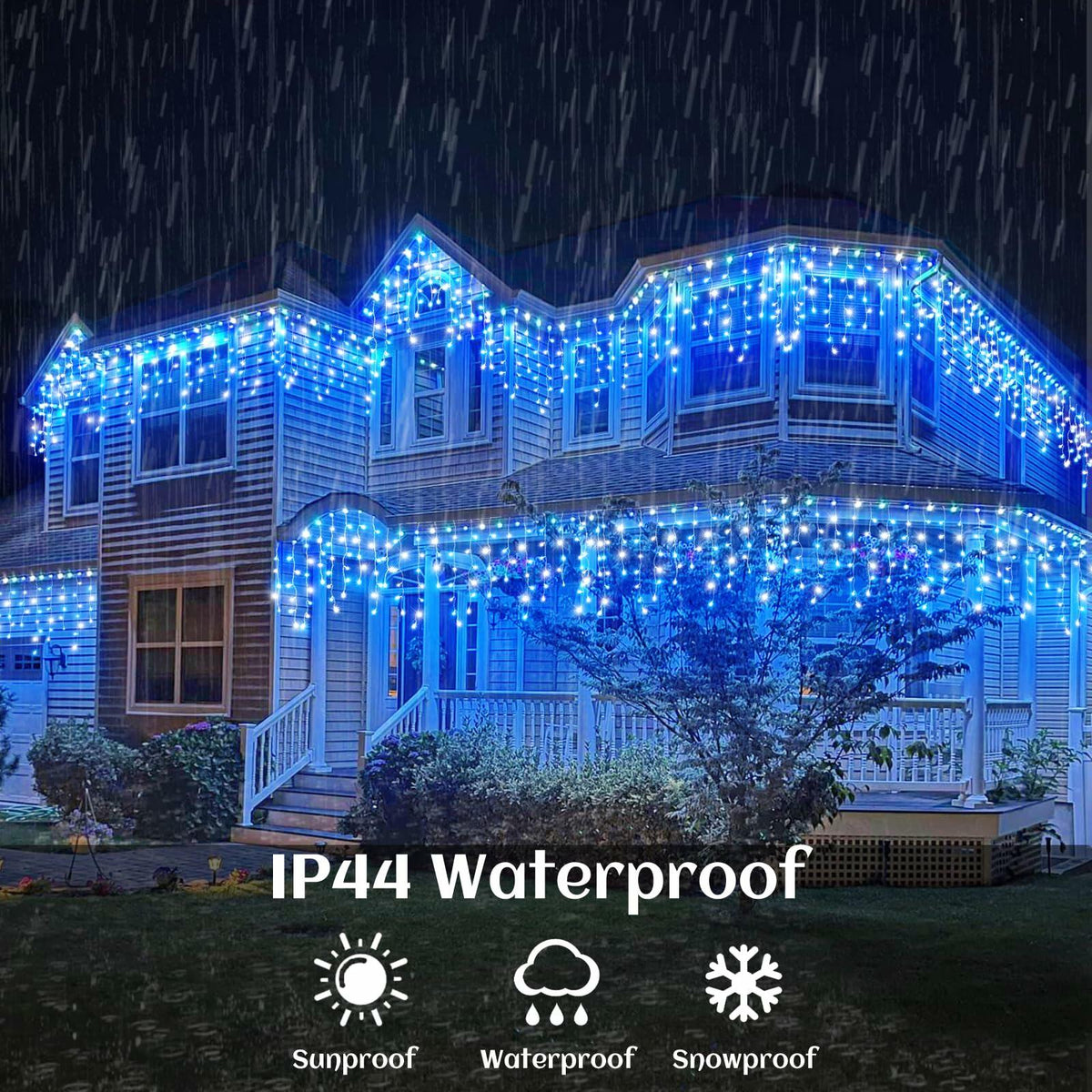 Nielfoi 66ft Icicle Lights 640 LED Blue White Outdoor Indoor Twinkle Curtain