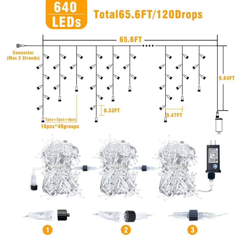 Nielfoi 66ft Icicle Lights 640 LED Blue White Outdoor Indoor Twinkle Curtain