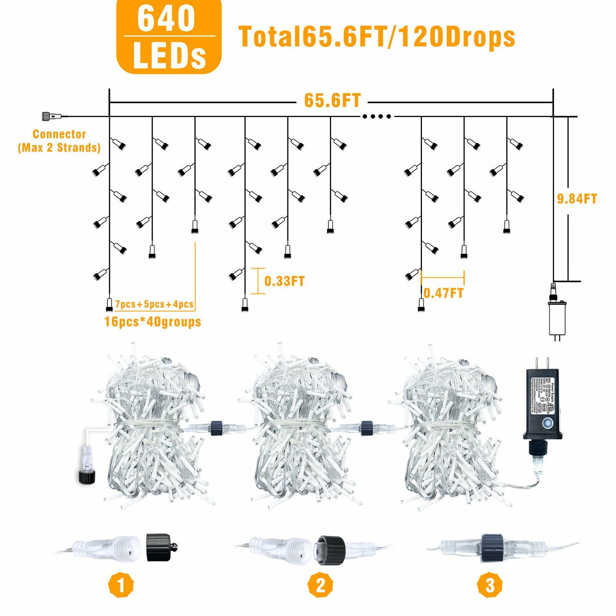 Nielfoi 66ft Icicle Lights 640 LED Blue White Outdoor Indoor Twinkle Curtain