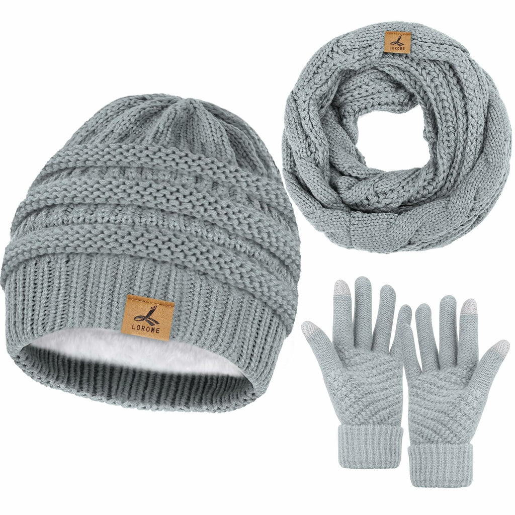 LOROME Winter Beanie Hat Scarf Gloves Set Light Gray Acrylic Size 5 1/8-7 7/8