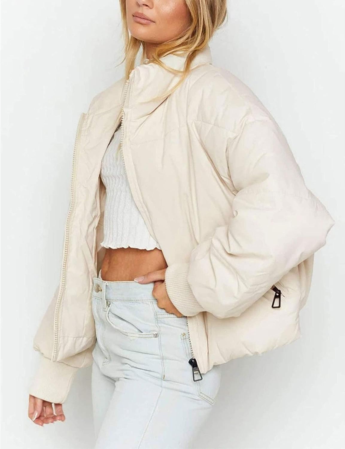 Unilexi Womens Casual Cropped Puffer Jackets Oversized Padded Stand Collar Winter Coats