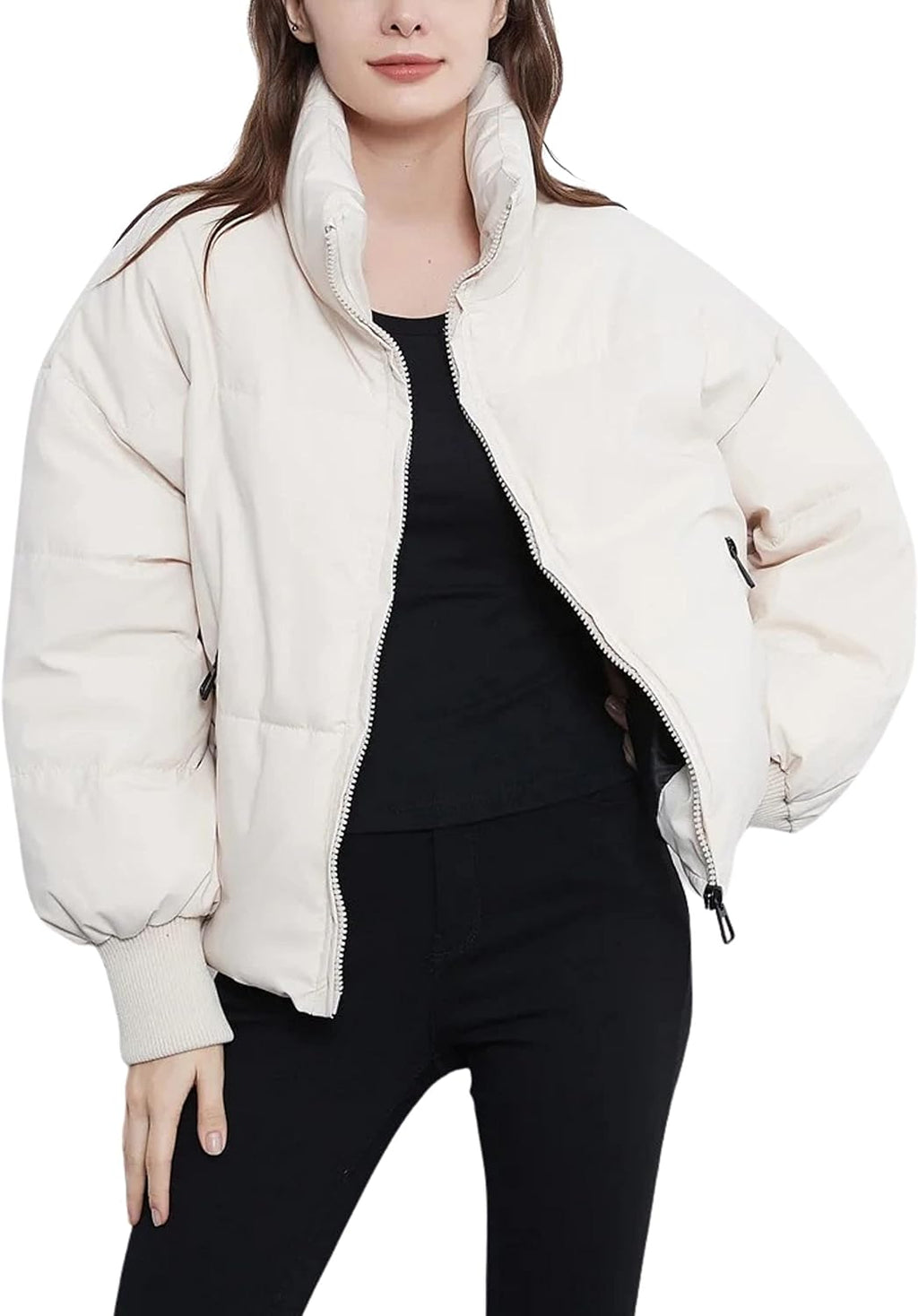 Unilexi Womens Casual Cropped Puffer Jackets Oversized Padded Stand Collar Winter Coats