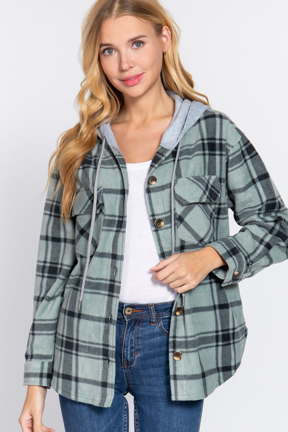 Active USA - Plaid Print Hoodie Fleece Jacket - J13272